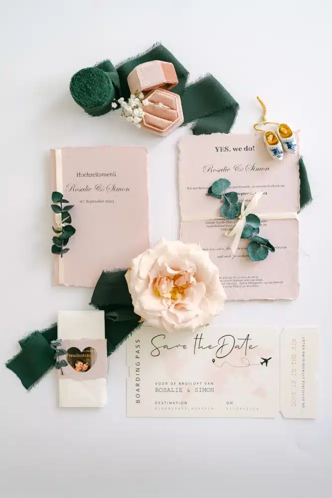 Hochzeitspapeterie mit dunkelgrünen Seidenbändern, Eukalyptus und einer cremefarbenen Rose, Hochzeit in der Orangerie im Schlosspark Eisenstadt