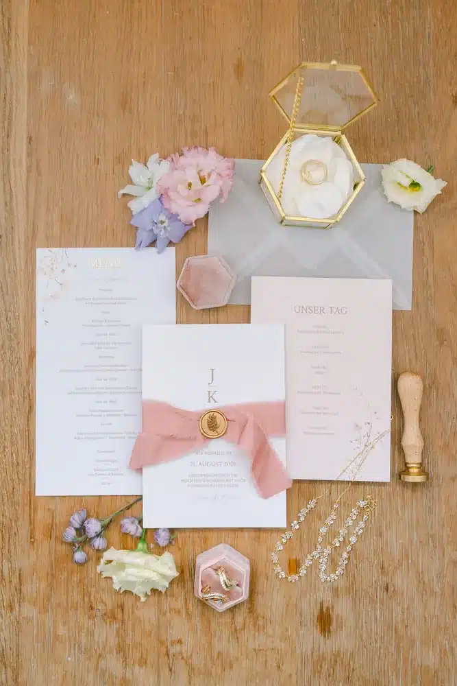 Flatlay der Hochzeitspapeterie mit Einladung, Menükarte, Glas-Ringbox, Wachssiegel und Blüten